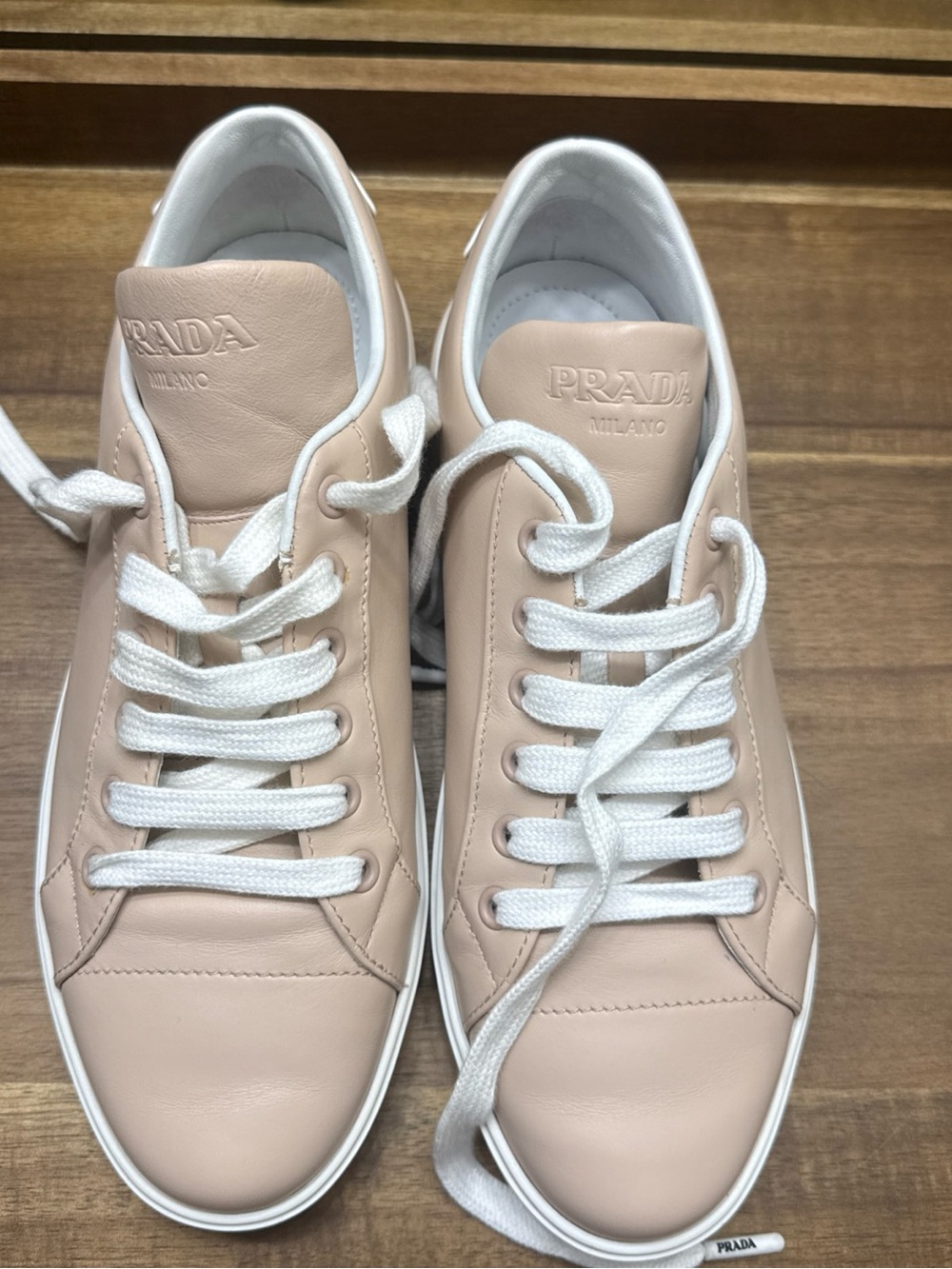 Prada Blush Leather Low-Top Sneakers with White Laces